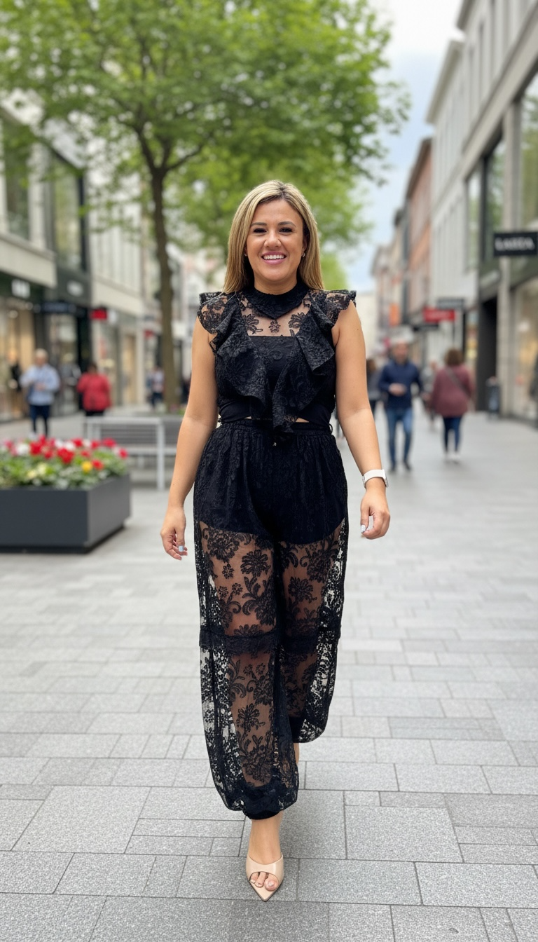 Conjunto Negro Bordado de Flores con Forro, de Blusa y Jogger